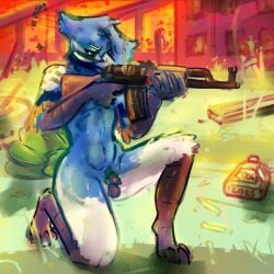 aiming_weapon ak-47 ak_platform anthro assault_rifle avian bird blue_body galliform genitals gun hi_res kneeling male nude peafowl penis phasianid post-apocalyptic ranged_weapon rifle small_penis solo weapon