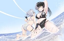 armpits beach_background braids ocean ocean_background sexy_body sexy_pose shiori_novella shnizbit silver_hair swimsuit two_tone_hair vestia_zeta water