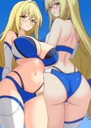 1girls ass bikini blonde_hair blush breasts dolphin_wave female female_only glasses gluteal_fold green_eyes hi_res hips large_breasts long_hair looking_at_viewer looking_back mature_female megane multiple_views revealing_clothes single_thighhigh skimpy skimpy_clothes sky smile teacher tearju_lunatique thick_ass thick_thighs thong to_love-ru to_love-ru_darkness tojou_michiru tojou_michiru_(cosplay) viewed_from_below voluptuous wide_hips ぐちぁき
