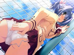 adjusting_panties against_fence against_wall ass blue_hair blush clothed_masturbation clothing cloud discreet_vibrator dutch_angle exhibitionism from_below game_cg hair_ribbon harukazedori_ni_tomarigi_wo kaneda_akiho looking_back masturbation open_mouth panties ponytail public_vibrator purple_hair ribbon school_uniform silver_eyes skirt skirt_lift sky solo tear tied_hair tougarashi_hideyu tsurugi_hagane vibrator vibrator_under_clothes vibrator_under_panties white_panties