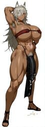 abs ai_generated armpit_hair arms_up cum dark-skinned_futa dark_skin female futanari ghislaine_dedoldia intersex kunaboto_(style) looking_at_viewer muscular muscular_arms muscular_female muscular_futa muscular_legs muscular_thighs mushoku_tensei pelvic_curtain pubic_hair pubic_hair_peek