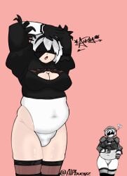 1girls alpbueyz bbw belly big_belly big_breasts blindfold breasts clothing fat female female_only hairband light-skinned_female light_skin nier nier:_automata overweight pink_background short_hair solo thighhighs white_hair yorha_2b