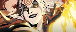 1female 1girls big_breasts black_lipstick breasts crazy_eyes earrings female female_focus female_only goddess hela hela_(marvel_rivals) marvel marvel_rivals white_hair white_skin