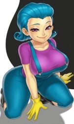 1girls ai_generated alternate_species anonemus1 big_breasts black_boots blue_hair breasts clothed female fusionfall invader_zim overalls purple_eyes robo-mom_(invader_zim) robomom rubber_gloves t-shirt tagme