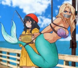 2girls award black_hair blonde_hair blue_eyes breasts brown_eyes cleavage duct_tape female fisherman_hat iscreamman001 large_breasts long_hair merfolk mermaid original original_characters raincoat seashell_bra suspension tied_up