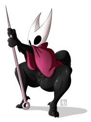 3:4 absurd_res animal_humanoid anthro arthropod arthropod_humanoid cloak cloak_only clothing crouching female genitals glistening glistening_body hi_res hollow_knight_(franchise) hornet_(hollow_knight) humanoid insect_humanoid insects jared_dillon pussy solo team_cherry vulva
