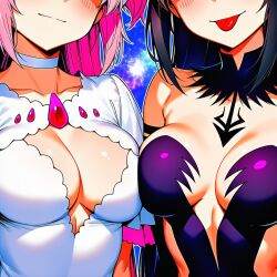 2girls :p ai_generated akuma_homura breast_focus breasts eyes_out_of_frame female mahou_shoujo_madoka_magica medium_breasts space_background tagme ultimate_madoka