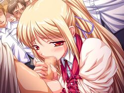 blonde_hair blush censored charmie_(ryoujoku_guerilla_kari) dutch_angle fellatio game_cg long_hair oral orange_eyes penis ponytail ryoujoku_guerilla_kari shironeko_sanbou sweat tied_hair