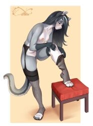 2025 4_toes 5_fingers anthro areola biped border breasts claws closed_eyes clothed clothed_anthro clothed_female clothing countershade_fur countershade_torso countershading digital_media_(artwork) feet felid feline female finger_claws fingers front_view fur genitals grey_body grey_fur grey_hair grey_tail hair handpaw hi_res katfishcom legwear lingerie mammal navel nipples partially_clothed partially_clothed_anthro partially_clothed_female paws pussy simple_background solo standing tail thigh_highs thigh_highs_only toe_claws toes topless topless_anthro topless_female vulva white_border