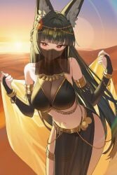 1girl 1girls ai_generated aiart_fring animal_ear animal_ears armlet ass bangs bare_shoulders black_hair blunt_bangs bracelet breasts bridal_gauntlets egyptian female fox_ears fox_girl gold hoshimi_miyabi jewelry large_breasts long_hair looking_at_viewer midriff mouth_veil navel necklace pelvic_curtain red_eyes see-through solo standing tagme tail thick_thighs veil very_long_hair zenless_zone_zero