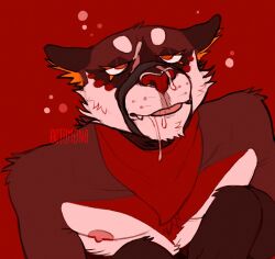 0ct0m0n0 anthro arm_tuft bodily_fluids brown_body brown_fur bust_portrait cheek_tuft chin_tuft cum cum_on_face drooling facial_tuft felid front_view fur genital_fluids hi_res kerchief male male_anthro mammal mouth_closed narrowed_eyes neckerchief neckwear nipples pink_nipples pink_tongue portrait red_background red_body red_eyes red_fur red_kerchief red_neckerchief red_nose saliva shoulder_tuft simple_background solo tongue tongue_out tuft white_body white_fur