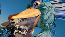 absurd_res ambiguous_gender anthro avian beak blender_cycles blue_body blue_eyes blue_feathers blue_sclera bodily_fluids decary duo excessive_saliva extreme_french_kiss feathers french_kissing fur grey_body grey_fur hi_res huge_filesize kissing krakotl_(the_nature_of_predators) male male/ambiguous nohklu purple_body purple_skin purple_tongue saliva saliva_string scuted_hands scutes sek_(sekvil) semi-anthro size_difference steamy_breath tagme the_nature_of_predators tongue tongue_out venlil_(the_nature_of_predators) vore_tease wings