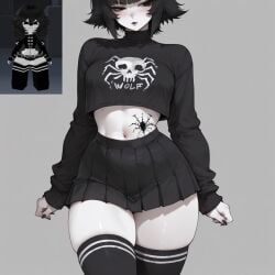 1girls ai_generated black_eyes black_hair black_nose blush cl4wny curvy goth goth_girl no_background original_character roblox roblox_avatar robloxian skirt socks tattoo thick_thighs topwear white_body white_skin
