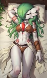 1girls ai_generated belt bra crotch female female_focus female_only gardevoir green_hair loose_hair necklace pale_skin panties pokemon pokemon_(species) sleeping solo spread_legs tribal tribal_clothing tribal_markings tribal_tattoo