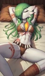 1girls ai_generated belt bra crotch female female_focus female_only gardevoir green_hair loose_hair necklace pale_skin panties pokemon pokemon_(species) sleeping solo spread_legs tribal tribal_clothing tribal_markings tribal_tattoo