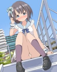 absurdres aqua_bow aqua_eyes aqua_ribbon arm_at_side bar_censor bare_legs black_shoes blue_bow blue_bowtie blue_sailor_collar blue_sky blush bow bowtie buckle building censored choppy_bangs closed_mouth commentary_request day dot_nose dutch_angle female frilled_sleeves frilled_wrist_cuffs frills full_body grey_hair grey_skirt grey_socks hairbow hand_in_own_hair hand_up highres idolmaster idolmaster_cinderella_girls kneehighs medium_hair miniskirt no_panties nose_blush ohana._(user_jhpk8322) otokura_yuuki outdoors plaid_clothes plaid_skirt pussy railing ribbon sailor_collar shirt shoe_buckle shoes sitting skirt sky smile socks solo split_mouth stairs thighs variant_set white_shirt white_wrist_cuffs wrist_cuffs wrist_ribbon