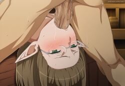 1boy 1girls ai_generated blowjob blush bodily_fluids danmachi deepthroat dungeon_ni_deai_wo_motomeru_no_wa_machigatteiru_darou_ka eina_tulle elf eyewear face_fucking fellatio female glasses half-closed_eyes hanging_hair head_back irrumatio lying lying_on_back male on_back oral oral_penetration oral_sex penis pointy_ears saliva sweat throat_fuck watermark zzz7