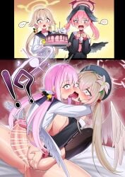 !? ... 1futa 3girls ass_grab b-tsukael bar_censor big_breasts big_penis birthday birthday_cake blonde_hair blue_archive blush breasts cake caught caught_in_the_act censor_bar censored censored_penis choker choking clothed clothed_female clothed_futa clothing erection female french_kiss french_kissing futa/female futa_on_female futanari grabbing grabbing_another's_ass grabbing_ass green_eyes hifumi_(blue_archive) huge_breasts huge_cock imminent_penetration imminent_sex intersex kissing koharu_(blue_archive) long_hair looking_at_viewer mika_(blue_archive) nagisa_(blue_archive) open_mouth penis pink_eyes pink_hair sitting sitting_on_person speech_bubble surprised tongue tongue_out twintails yellow_eyes