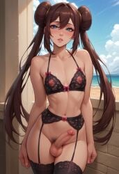 1boy 1femboy 2025 ai_generated alternate_version_available balls beach blue_eyes blush brown_hair crossdressing double_bun double_buns femboy femboy_pubic_hair feminine_male genderswap_(ftm) girly hair_buns hairbuns looking_at_viewer male outdoors outside penis pokemon pubic_hair rosa_(pokemon) rule_63 solo testicles thick_thighs thighs trap unknown_artist