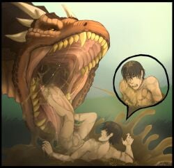 acidic bodily_fluids draco_(dragonheart) dragon dragonheart feral_on_male genitals grass human looking_at_prey male male_prey mammal mouth_shot mythological_creature mythological_scalie mythology nero_(shorty) nude open_mouth oral_vore penis plant saliva scales scalie soft_vore speech_bubble stomach_acid teeth throat universal_studios vomit vore willing_prey