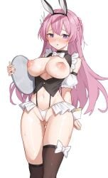 :o animal_ear_hairband animal_ears arm_at_side armband black_hairband black_jacket black_thighhighs blush bow bow_legwear bowtie braid breasts breasts_out collared_jacket commentary_request cropped_jacket double-parted_bangs fake_animal_ears faldeus female fingernails frilled_jacket frilled_panties frills hair_between_eyes hairband half_up_braid hand_up highres holding holding_tray jacket large_breasts long_bangs long_hair looking_at_self midriff navel nipples nose_blush open_clothes open_jacket original panties pink_hair purple_eyes pussy_juice rabbit_ear_hairband rabbit_ears raised_inner_eyebrows saliva saliva_trail simple_background sleeveless sleeveless_jacket slit_pupils solo standing string_panties sweat thigh_gap thighhighs tray underwear very_long_hair very_sweaty wet wet_clothes wet_panties white_armband white_background white_bow white_bowtie white_panties wing_collar wrist_cuffs