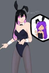2girls angry artist_signature bunny_ears bunnysuit ceris_(rainimator) collar female hair_over_one_eye leotard long_hair mcyt minecraft minecraft_youtubers necktie phone purple_eyes purple_hair rainimator sora_(rainimator) stockings taking_picture tattoo tattooed_arm tie twitch twitch.tv twitch_streamer twitter twitter_username two_tone_hair wrist_cuffs youtube youtuber youtubers