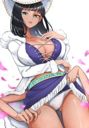 absurdres black_hair blunt_bangs breasts cleavage clothes_lift cowboy_hat cross-laced_clothes extra_arms female female_only fur_collar fur_trim green_eyes hana_hana_no_mi hat highres kasumi6 large_breasts long_hair miniskirt miss_all_sunday nico_robin one_piece panties petals skirt skirt_lift solo white_panties