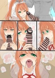 1boy 1girl anon blowjob blush brown_hair censored cock_against_cheek cock_on_face comic comic_page coral_brown_hair doki_doki_literature_club female female_focus fully_clothed grabbing_penis green_eyes heart_eyes huge_cock licking licking_penis long_hair looking_pleasured loving_it male monika_(doki_doki_literature_club) nibbling penis pov saliva school_uniform schoolgirl stubborn sucking_penis sweat white_bow
