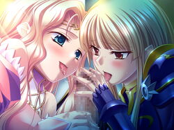 armor arsis_anbald blonde_hair blue_eyes blush censored fellatio game_cg group_sex hair kantaka long_hair mashou_no_nie_2 oral penis red_eyes saliva sex sweat tekoki tongue wavy_hair yumelia_anbald