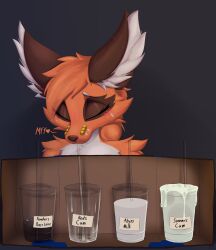 blush bodily_fluids box container cum cum_in_a_cup cum_in_container cum_in_mouth cum_inside cup digital_media_(artwork) drinking drinking_cum facial_piercing female feral fur generation_8_pokemon genital_fluids guessing_game hi_res meme milk nickit nikki_(redeye) nintendo nose_piercing piercing pokemon pokemon_(species) pussy redeye simple_background solo vaginal_fluids
