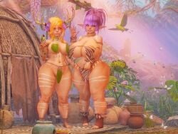 2girls 3d antlers big_ass big_breasts blonde_female breasts female female_only jungle jungle_girl leaf_clothing milkies muscular muscular_female pointy_ears purple_hair tan_body tribal tribal_markings