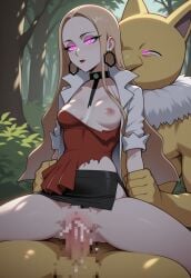 1boy 1girls ai_generated arm_grab arms_held_back blank_eyes blonde_hair censored clothed_sex earrings functionally_nude glowing_eyes hypno hypnosis lady_ai lipstick oleana_(pokemon) one_breast_out outdoors partially_clothed pokemon pokemon_ss pokephilia pussy rape red_lipstick sex skirt torn_clothes