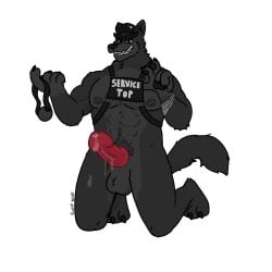 abs animal_genitalia animal_penis anthro ball_gag balls belly_hair belly_tuft biceps big_muscles big_penis biped black_body black_fur bodily_fluids body_hair broad_shoulders canid canine canis chest_hair chest_tuft clothing dirty_talk dripping erection flirting flirting_with_viewer floor fur gag genital_fluids genitals grey_background grey_nipples grin happy_trail harness hat headgear headwear hi_res kneeling kodiff_wolff leaking_precum looking_at_viewer male mammal mature_anthro mature_male muscles muscular muscular_anthro muscular_male nipple_piercing nipples nude on_ground pecs penis piercing pink_penis precum precum_drip precum_on_ground precum_string pubes raised_arm red_penis service_top service_top_harness shirtless simple_background smile smug solo sticker straps teasing teasing_viewer teeth telegram_sticker text tuft wolf