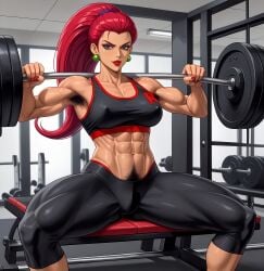ai_generated armpit_hair athletic_female barbell deergirlfit female fully_clothed gym gym_clothes gym_clothing gym_shorts hairy_chest jessie_(pokemon) lifting_weights muscular muscular_female muscular_thighs overflowing_pubic_hair pokemon pubic_hair pubic_hair_peek sports_bra squatting squatting_female strong_female strong_woman toned_body toned_female