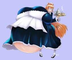 1girls big_belly big_breasts blue_eyes blush breasts breasts_bigger_than_head brown_hair commission cow_ears cow_girl cow_tail enormous_belly enormous_breasts female gigantic_breasts glasses horns hyper_belly hyper_breasts hyper_pregnancy julie_meadowborn lactation long_hair maid maid_apron maid_dress maid_headdress maid_outfit maid_uniform marrazan pregnant serving_tray simple_background tail white_stockings white_tights
