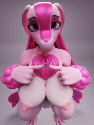 3:4 3_toes 3d_(artwork) anthro barely_visible_genitalia barely_visible_vulva big_breasts breasts chest_tuft colored_nails digital_media_(artwork) ears_down echodragon feet female genitals grey_background hi_res index_to_index looking_at_viewer lovander lovander_(mayosplash) nails nipples nude nude_anthro nude_female pal_(species) palworld pink_body pink_nails pink_skin pivoted_ears pocketpair purple_eyes pussy shy simple_background solo toes tuft vulva