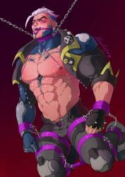 1boy bara blizzard_entertainment bondage chains evinist findlay_docherty gay hazard_(overwatch) male overwatch overwatch_2 piercing piercings piercings_on_nipples straps