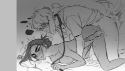 1boy 1girls ? alien_stage animal_collar blank_speech_bubble blush dog_boy dog_ears dog_tail doggy_style female greyscale hair_bun holding_leash hyuna_(alien_stage) knotted_penis leash lubya luka_(alien_stage) male penis sex_from_behind shirt spoken_question_mark straight tail_wagging