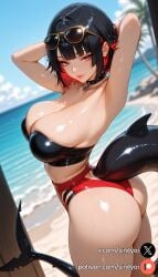 1girls 2025 ai_generated armpits arms_behind_head arms_up ass back back_view beach big_ass big_breasts bikini bikini_bottom bikini_top black_hair breasts clouds ear_piercing earrings ellen_joe eyewear eyewear_on_head female fringe hi_res high_quality high_resolution highres huge_ass huge_breasts huge_thighs looking_at_viewer looking_back multicolored_hair nsfw ocean palm_tree red_eyes red_hair sand shark_girl shark_tail short_hair sideboob sinity small_waist sunglasses sunglasses_on_head thick_thighs thin_waist zenless_zone_zero