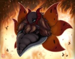 2023 6_wings ambiguous_feral ambiguous_gender animal_genitalia arthropod arthropod_abdomen arthropod_abdomen_cloaca arthropod_abdomen_genitalia ashes bedroom_eyes blue_eyes cloaca compound_eyes cross_pupils embers exoskeleton eye_reflection female female_(lore) feral fire fire_background front_view full-length_portrait generation_5_pokemon genitals glistening glistening_eyes hi_res horn insects multi_wing narrowed_eyes neck_tuft nintendo particles pokemon pokemon_(species) portrait presenting presenting_cloaca red_horn reflection seductive solo tuft volcarona wings wolps