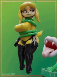 animal_crossing animated anthro blender_(artwork) canid canine comorito digital_media_(artwork) elemental_creature female flora_fauna hazard_symbol hazmat_suit isabelle_(animal_crossing) latex licking mammal mario_bros nintendo piranha_plant plant radiation_symbol solo surprised_expression symbol tongue