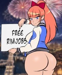 1girls ass ass_focus back_view blue_eyes bottomless female_focus festival free_rimjob glazinbuns holding_sign human jacket kunio-kun kyoko_(kunio-kun) letterman_jacket only_female outerwear pale_skin partially_clothed ponytail prostitution river_city_girls varsity_jacket