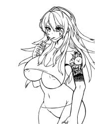 1girls belly cigarette colorless large_breasts lighter line_art long_hair looking_at_viewer mask mask_down nipple_peek phone shoulders small_clothes sports_bra surgical_mask tattoo the_battle_cats thin_panties thundia