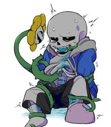 animated_skeleton basho_lizard blue_tongue bodily_fluids clothed crying ectotongue flower flowey_the_flower fluids monster pixiv_id_7835302 plant sans sans_(undertale) sex skeleton sweat tears tentacle tentacles_under_clothes tongue tongue_out trembling twitching undead undertale undertale_(series) vines vines_tentacles white_background