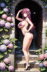 1girls ai_generated bikini blush breasts cleavage embarrassed fate/grand_order fate_(series) female huge_breasts light-skinned_female light_skin long_hair outdoors purple_hair red_eyes scathach_skadi stable_diffusion