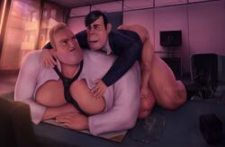 bara big_breasts big_dick big_pecs big_penis black_hair blonde blonde_hair blonde_hair_male blonde_male blue_eyes bob_parr bottom_dad bottomless character_request clothed_sex clothes clothing dilf diocturn disney gay gilbert_huph human male male/male male_focus male_on_bottom male_on_male male_on_top male_only male_penetrated male_penetrating male_penetrating_male moobs mr._incredible nipples office office_clothing pixar precum precum_drip precum_puddle questionable_consent size_comparison size_difference the_incredibles unbuttoned_shirt work_clothes work_uniform