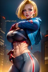 1girls abs ai_generated athletic athletic_female belly blonde_hair blue_eyes blush cammy_white city_background cleavage collar curvy_female diffusionlad earrings female female_focus female_only fit_female gloves gym_uniform hips huge_breasts jacket jacket_open large_breasts light-skinned_female light_skin lipstick midriff muscular muscular_female navel outside ribs round_ass round_breasts short_hair slim_waist sports_bra sportswear stable_diffusion street_fighter stretched_clothing striped_legwear union_jack voluptuous voluptuous_female workout yoga_pants