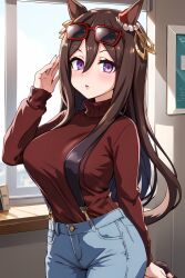 ai_generated animal_ears blue_jeans brown_hair cat_ears cygames dmm_games doujin earrings fictional_product japan_umamusume_training_schools_and_colleges purple_eyes seductive seeking_the_pearl_(umamusume) sensitive sunglasses_on_head suspenders tagme tracen_academy umamusume umamusume_pretty_derby umsk unofficial うましこ ウマシコ