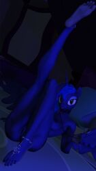 3d 3d_(artwork) 5_toes alicorn anonymous_artist anthro athletic athletic_female bed bedroom_eyes big_feet blue_body blue_fur collar collar_only colored_nails colored_toenails countershade_feet countershade_hands countershading digital_media_(artwork) equid equine feet female foot_focus friendship_is_magic fur furniture genitals greek_toe hasbro hi_res horn legs_up looking_at_viewer lying mammal my_little_pony nails narrowed_eyes night nude on_back petplay presenting presenting_pussy princess_luna_(mlp) pussy roleplay seductive soles solo source_filmmaker spread_wings toenails toes wings