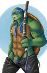 1boy anthro anthro_only boner boner_in_pants dominant dominant_male flexing green_skin humanoid leonardo_(tmnt) looking_at_viewer male muscles muscular muscular_male mutant penis reptile scalie smile smile_at_viewer solo sword tattoo teenage_mutant_ninja_turtles teenage_mutant_ninja_turtles_(2014) tmnt turtle